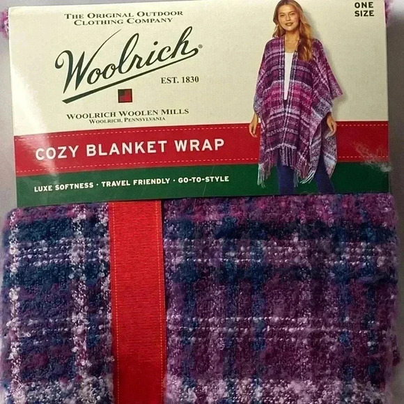 NWT WOOLRICH COZY BLANKET SHAWL ONE SIZE FITS ALL. PURPLE PLAID SOFT AND COMFY - Picture 1 of 9